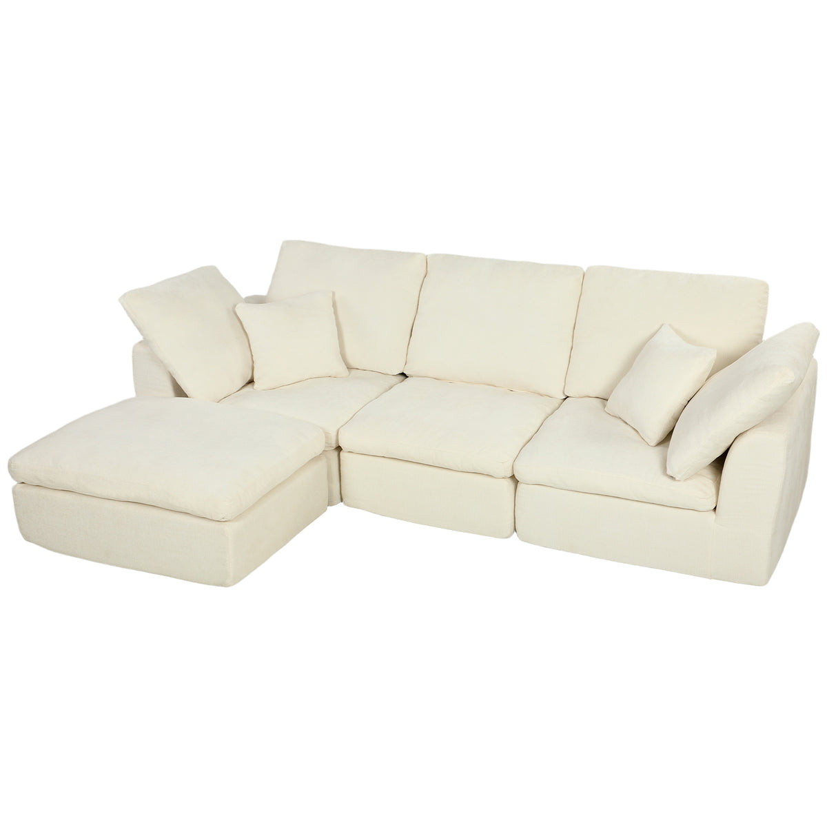 Canapé d'angle modulable chenille crème avec pouf, 254 cm, sur fond blanc