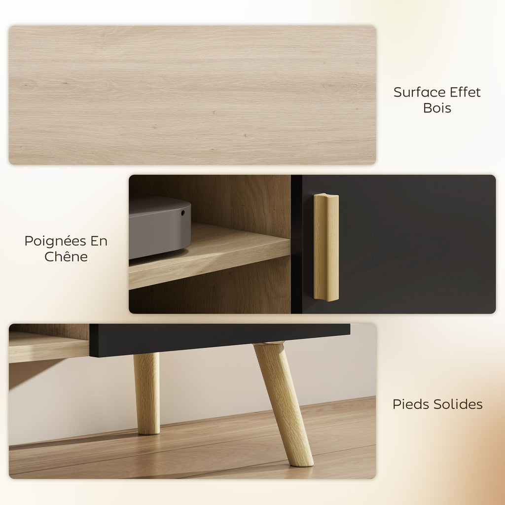 Meuble TV chêne et noir, 2 portes, 110 cm, détail 3
