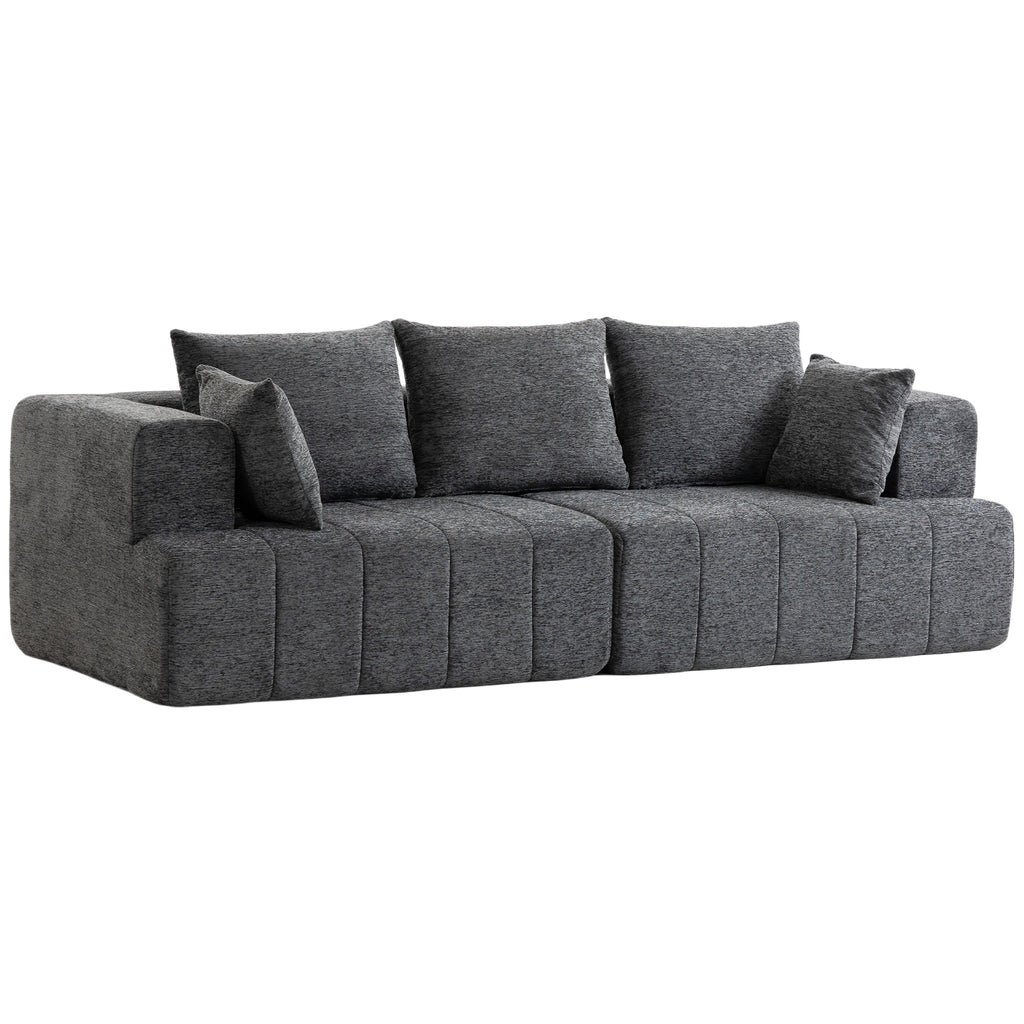 Canapé 3 places chenille gris, assise profonde, 248 cm, sur fond blanc
