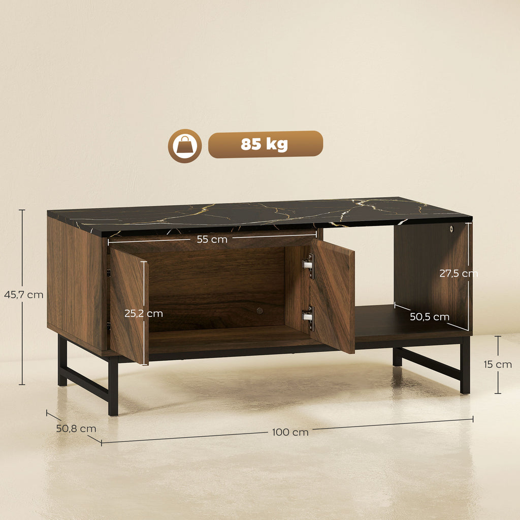 Table basse effet marbre noir et noyer avec rangement, 100 cm, détail 2