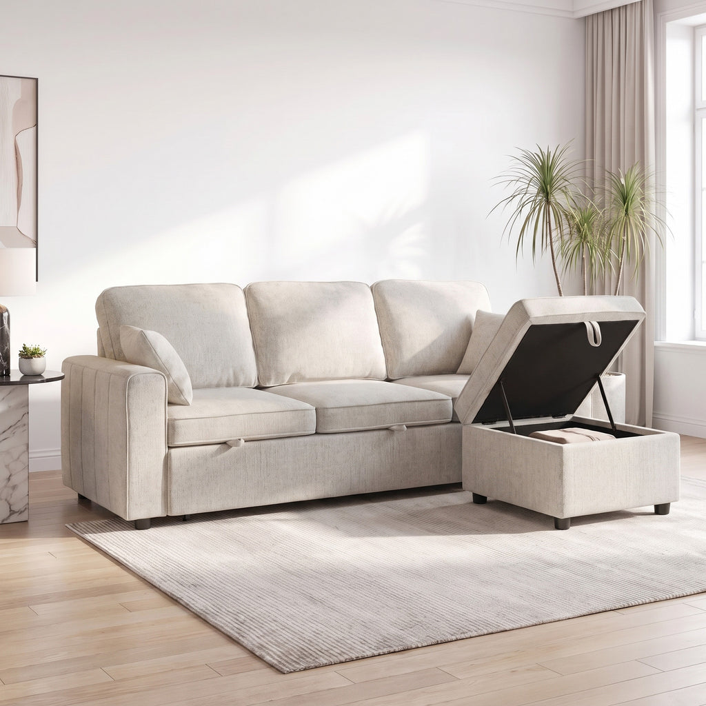 Canapé d'angle convertible chenille beige avec pouf coffre, 225 cm, détail 6