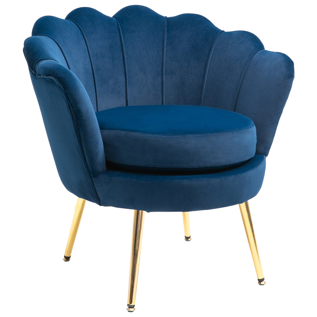 Fauteuil coquillage velours bleu marine, pieds dorés, sur fond blanc