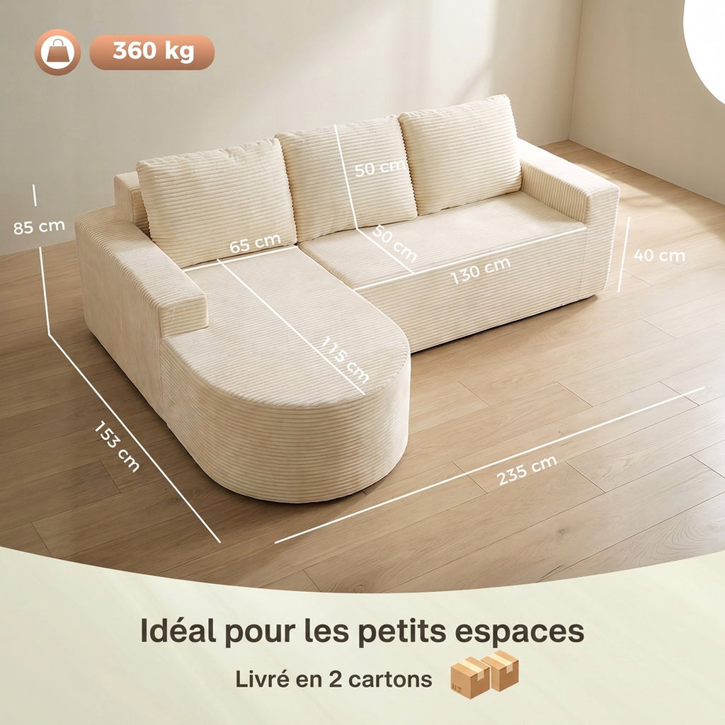 Canapé d'angle velours côtelé beige, méridienne arrondie, 235 cm, détail 8