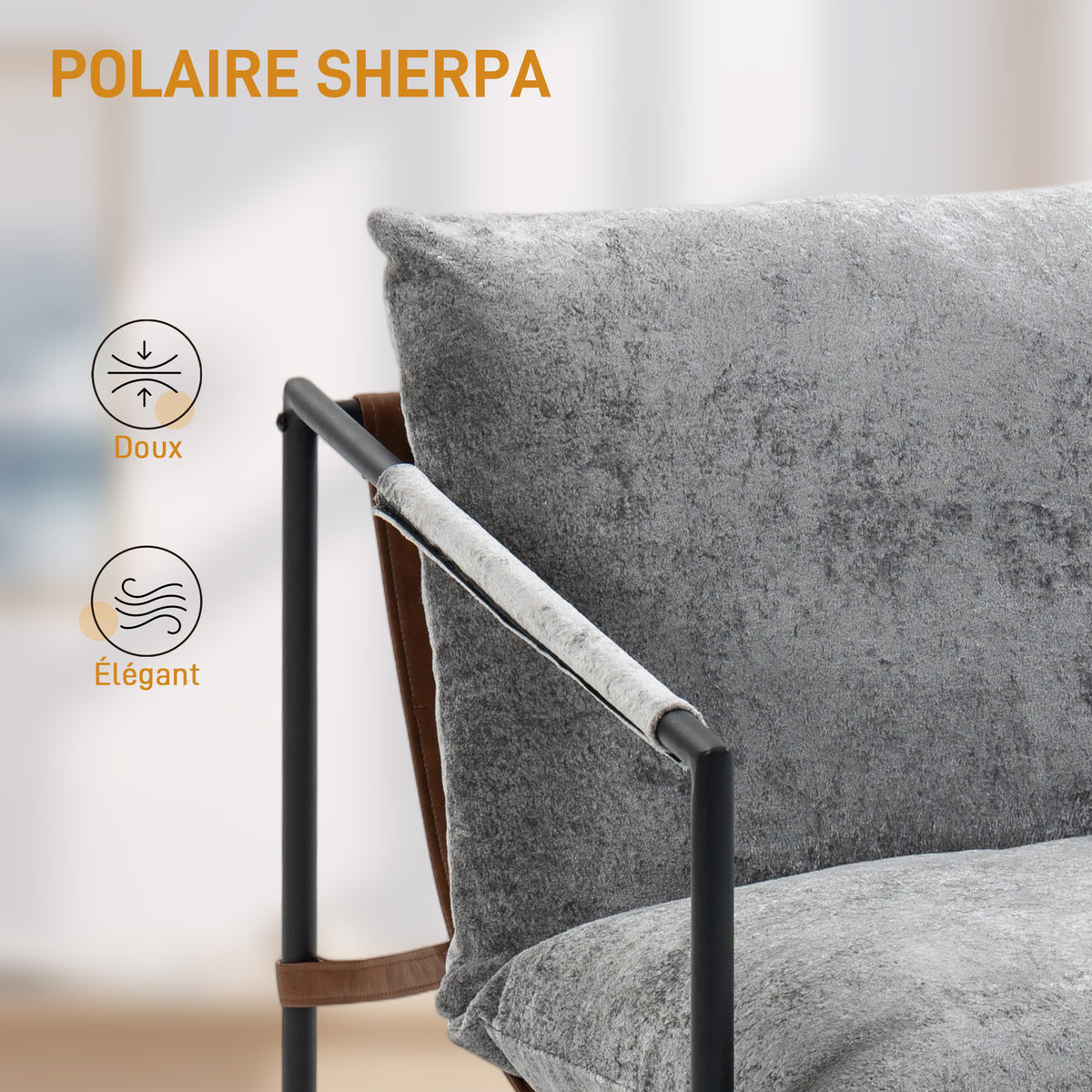 Fauteuil bouclette gris clair, structure acier noir, détail 3