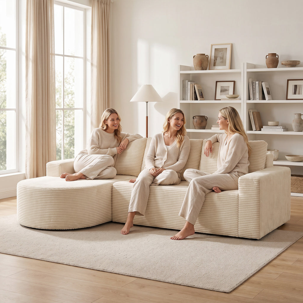 Canapé d'angle velours côtelé beige, méridienne arrondie, 235 cm, détail 6
