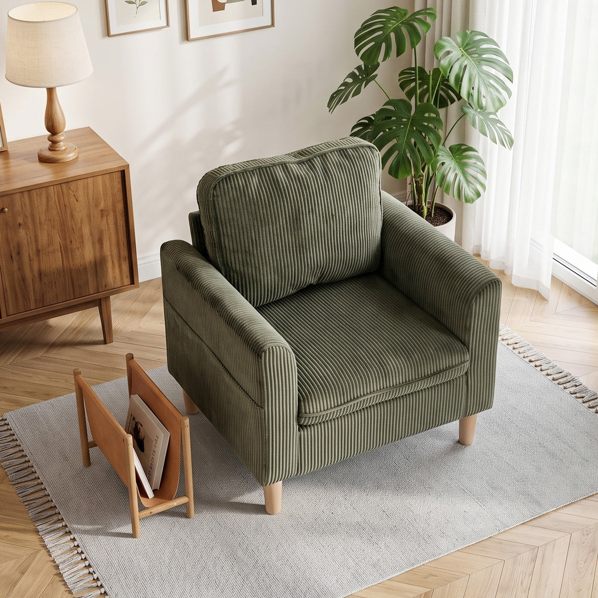 Fauteuil de salon en velours côtelé, canapé 1 place rembourré avec assise large et coussin à ressorts, 83x74x87cm, Vert-7