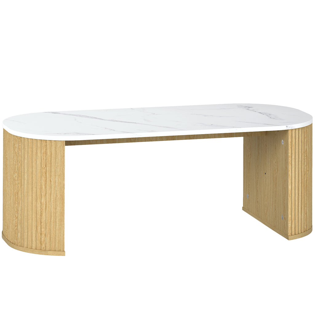 Table basse ovale effet marbre blanc, pieds bois, 110 × 50 cm, sur fond blanc
