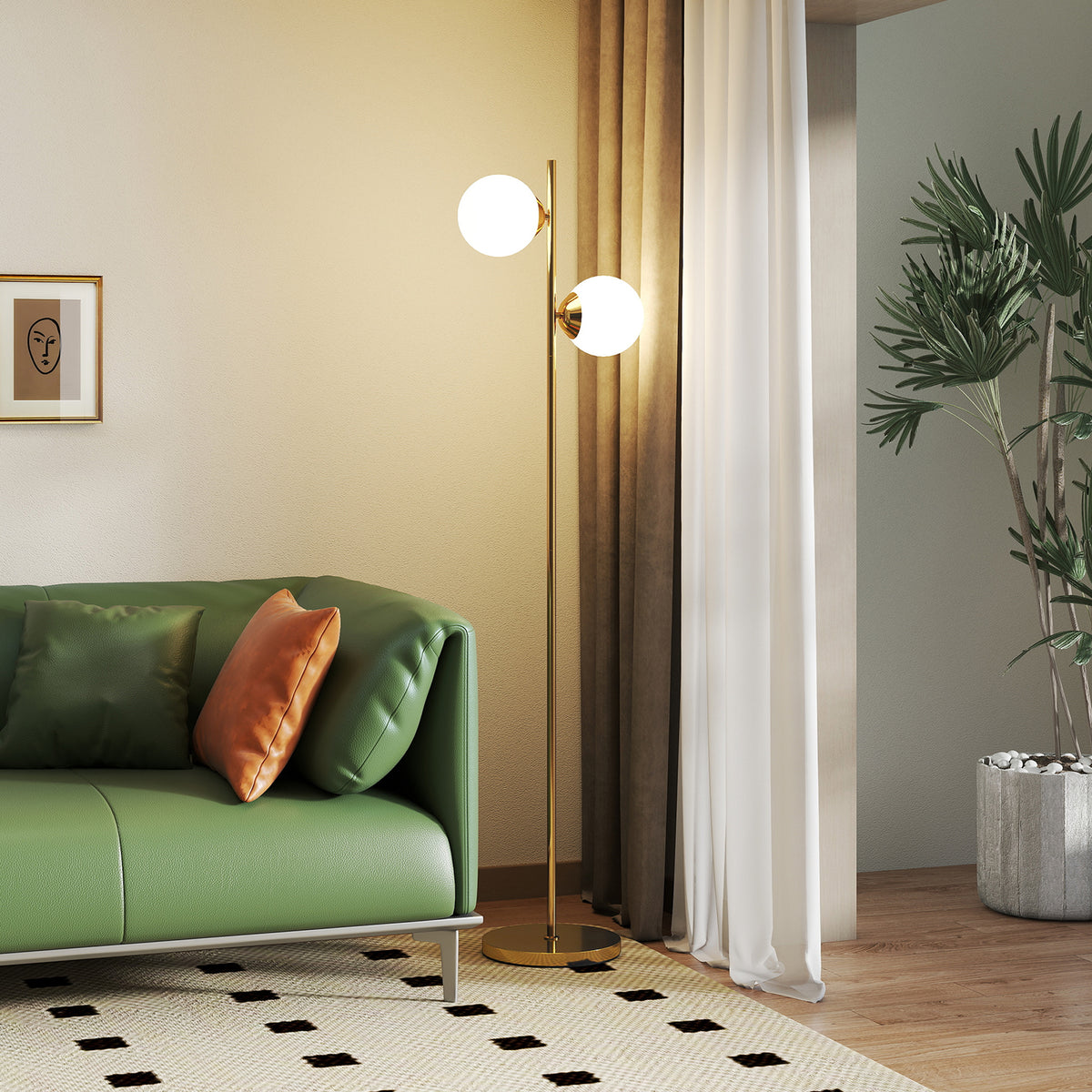 Lampadaire laiton 2 globes en verre, 165 cm