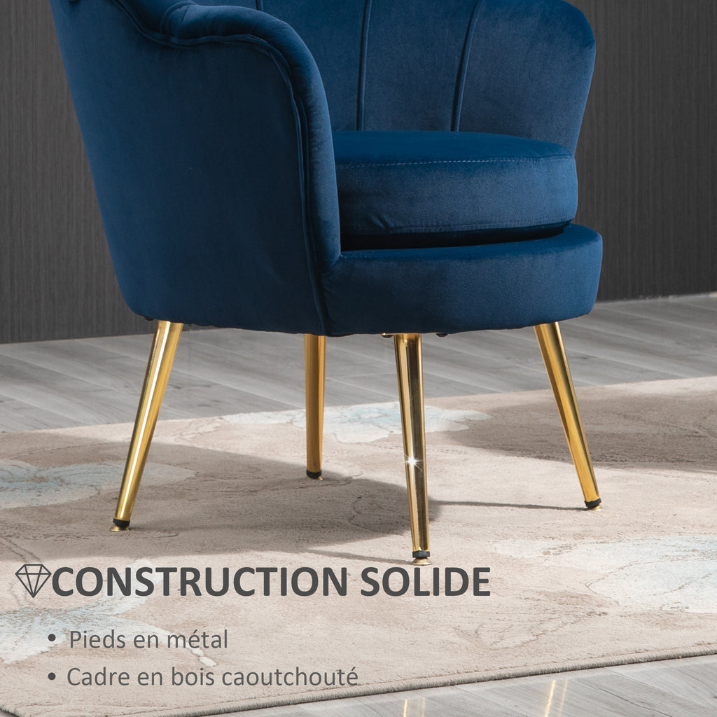 Fauteuil coquillage velours bleu marine, pieds dorés, détail 4