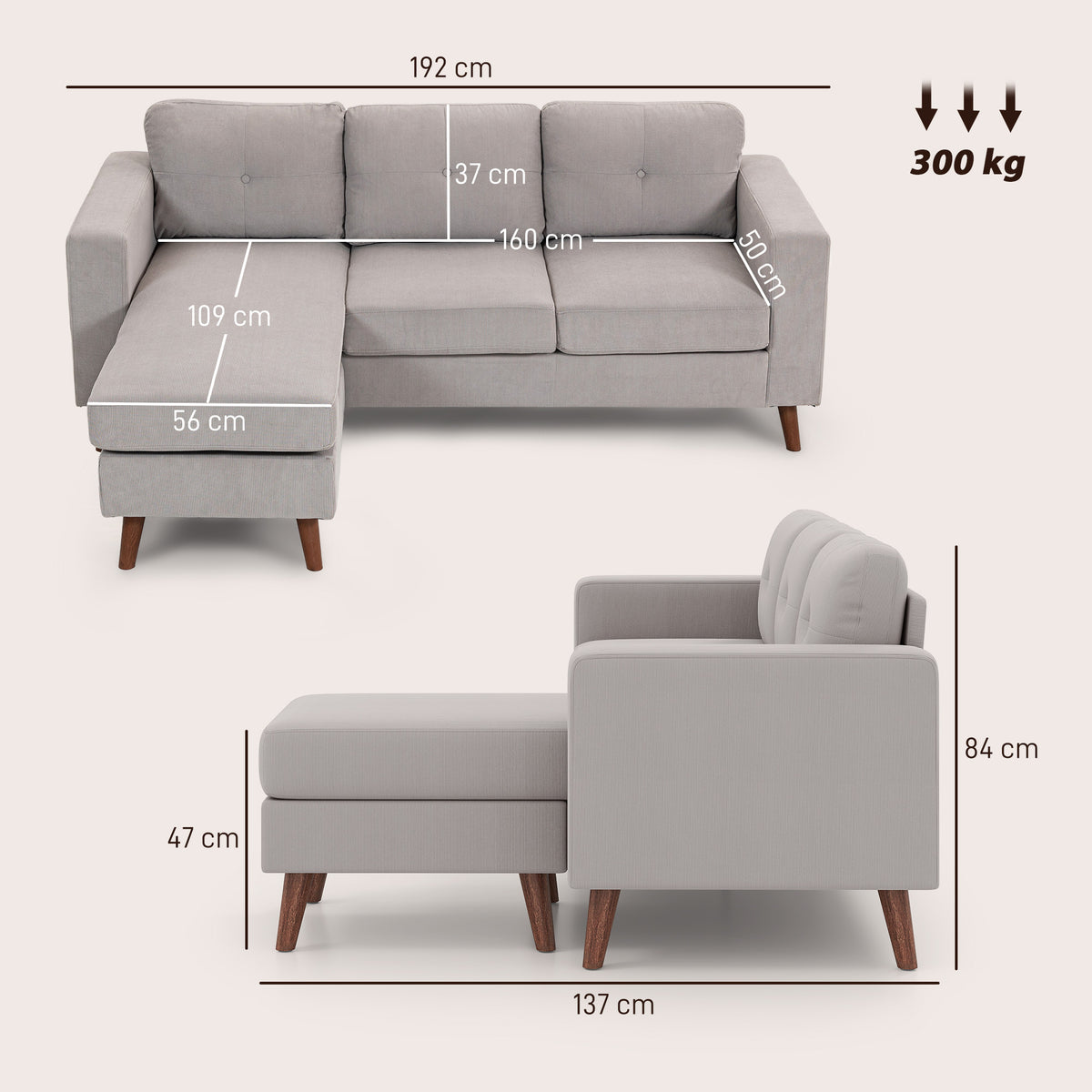 Canapé d'angle réversible velours côtelé gris clair, 192 × 137 cm, détail 8