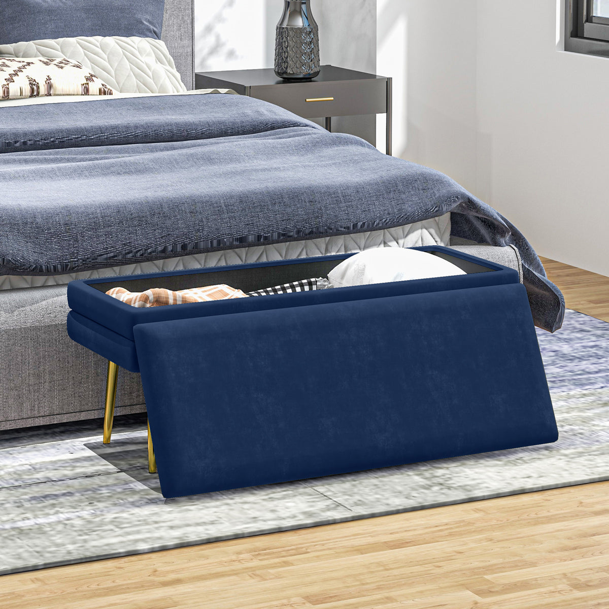 Banc coffre velours bleu marine, pieds dorés, 100 cm, détail 7