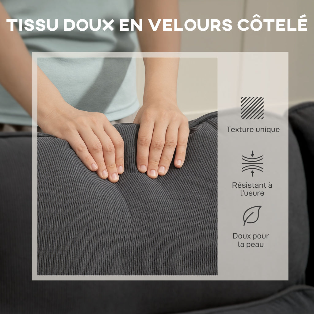 Canapé d'angle convertible velours côtelé gris, coffre, 205 × 135 cm, détail 5