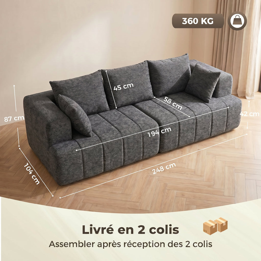 Canapé 3 places chenille gris, assise profonde, 248 cm, détail 8