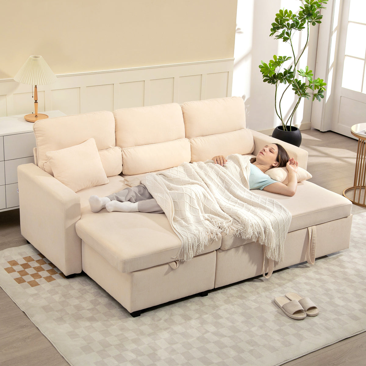 Canapé d'angle convertible velours côtelé beige, coffre, 205 × 135 cm, détail 1