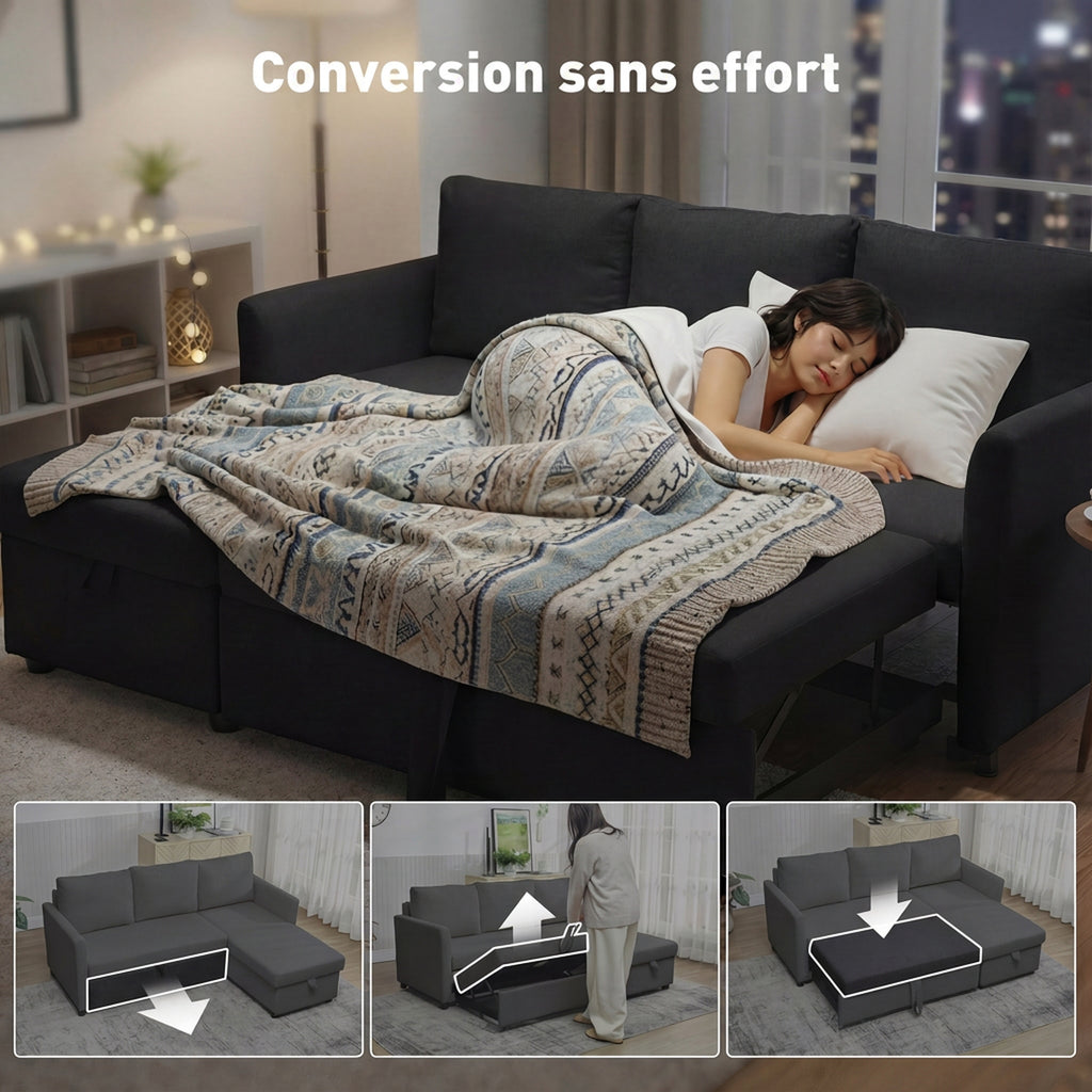 Canapé d'angle convertible aspect lin gris anthracite, 192 × 148 cm, détail 3