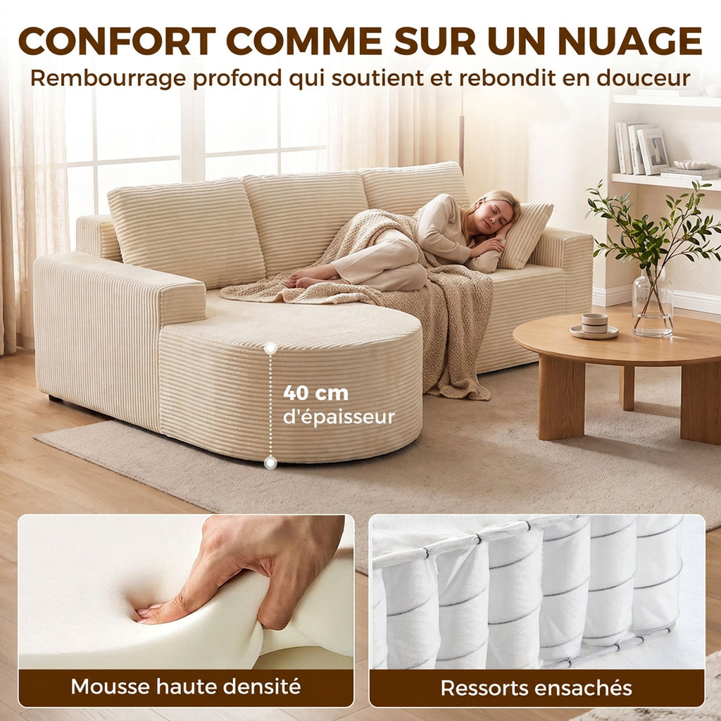 Canapé d'angle velours côtelé beige, méridienne arrondie, 235 cm, détail 1