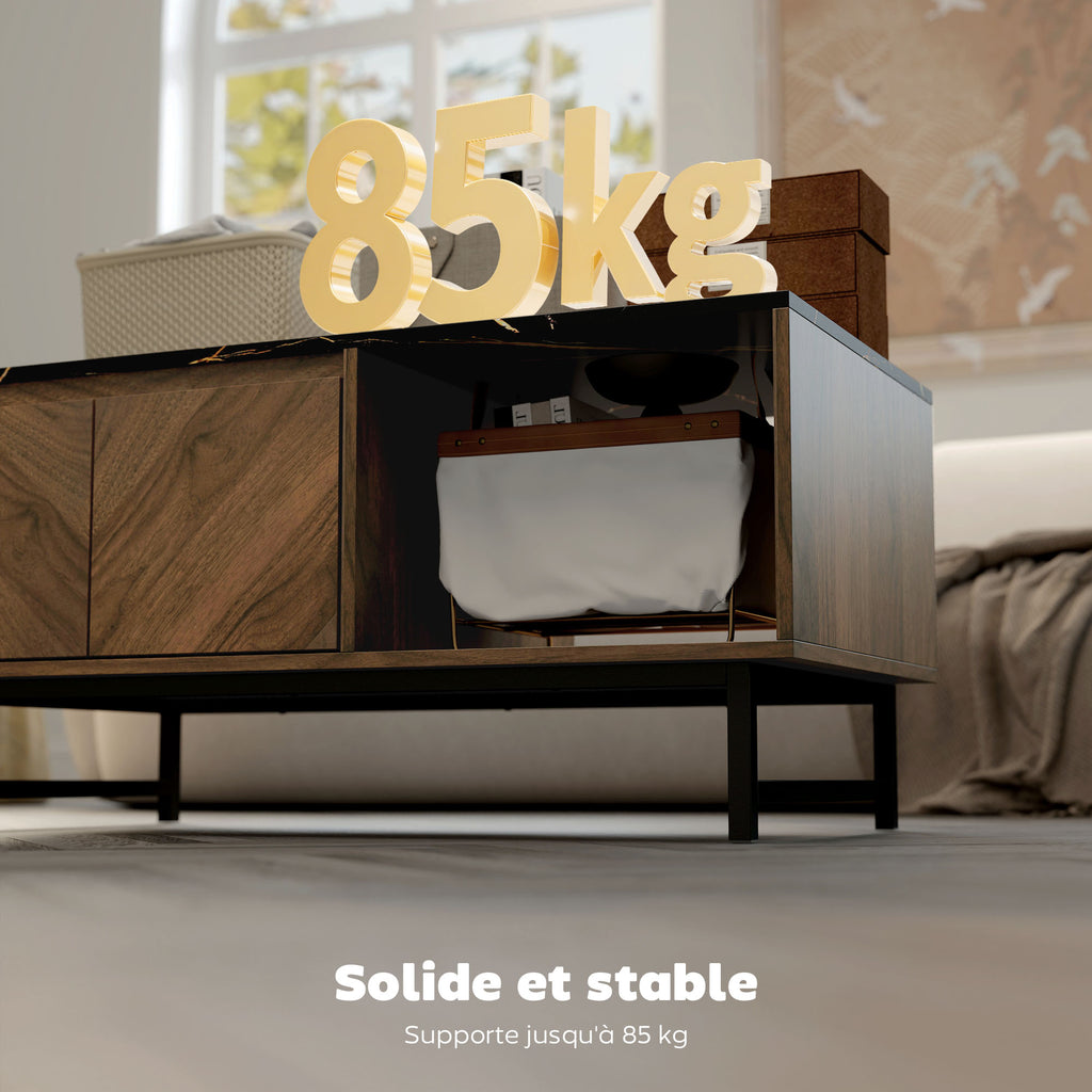 Table basse effet marbre noir et noyer avec rangement, 100 cm, détail 8