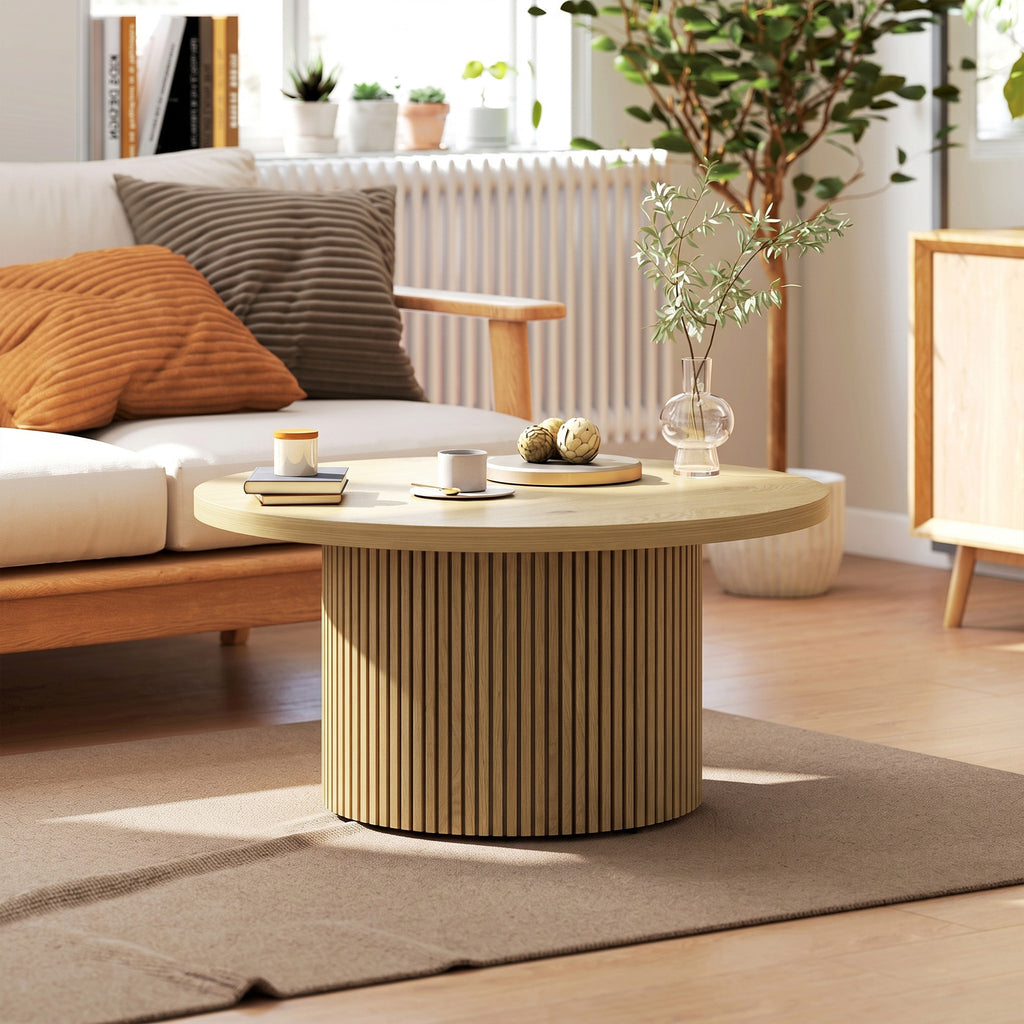 Table basse ronde en bois, table de salon avec piètement cannelé, style moderne, effet bois naturel-6