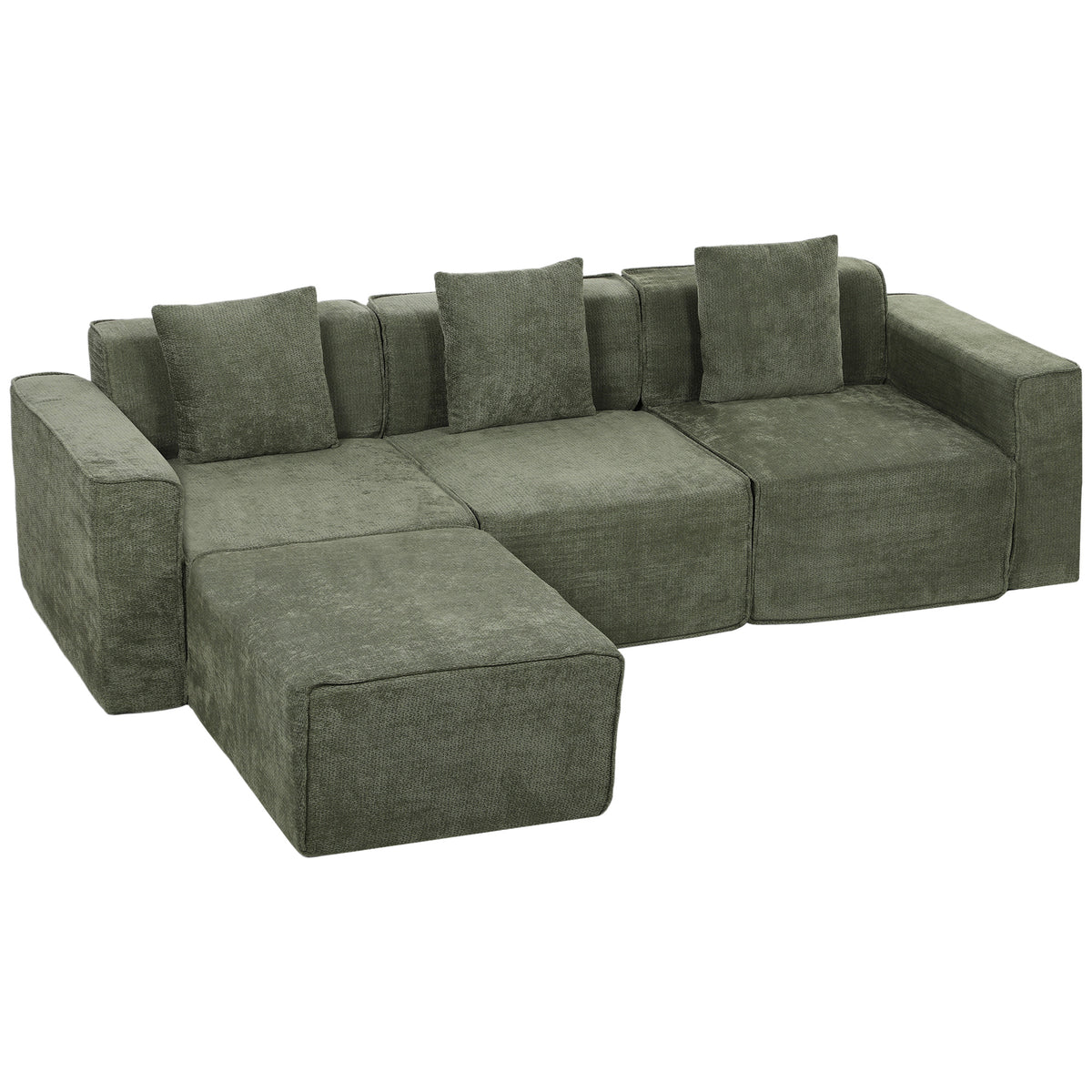 Canapé d'angle modulable chenille vert avec pouf, 251 cm, sur fond blanc