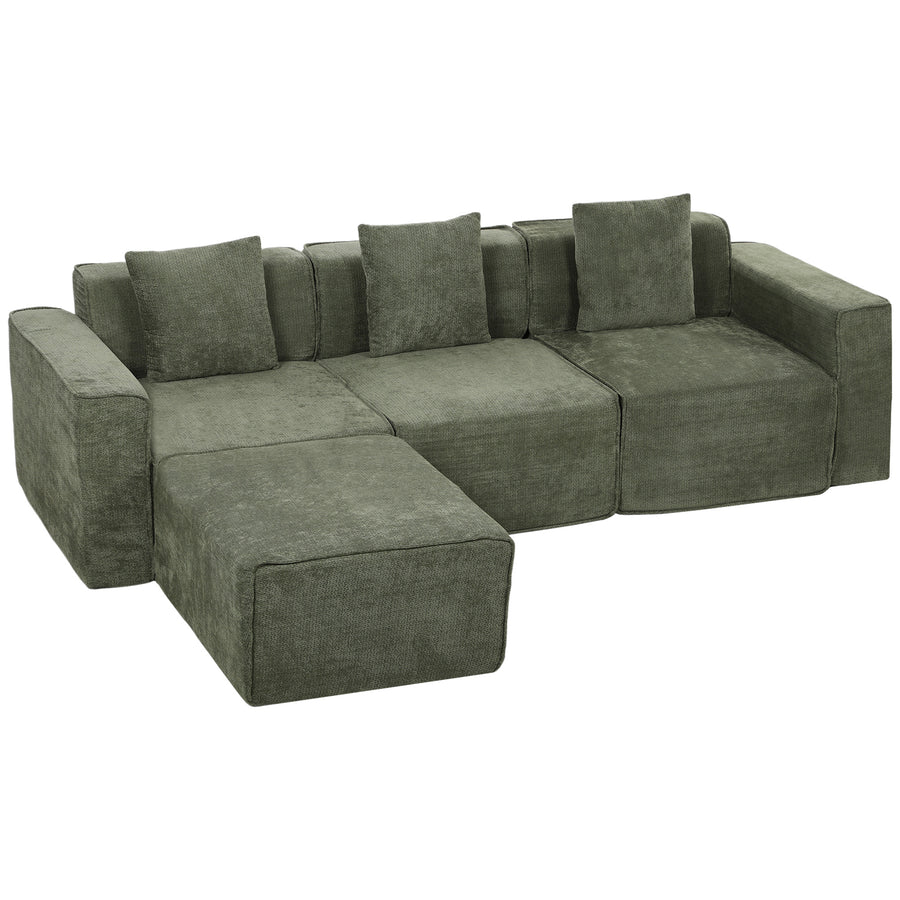 Canapé d'angle modulable chenille vert avec pouf