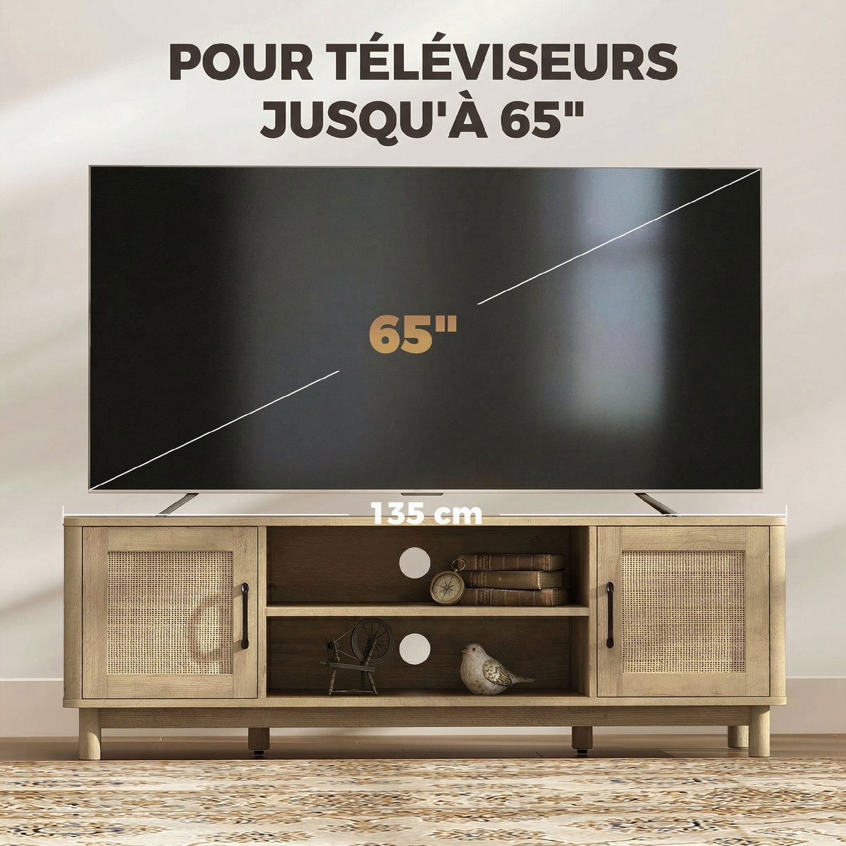 Meuble TV rotin et chêne, portes cannées, 135 cm, détail 6