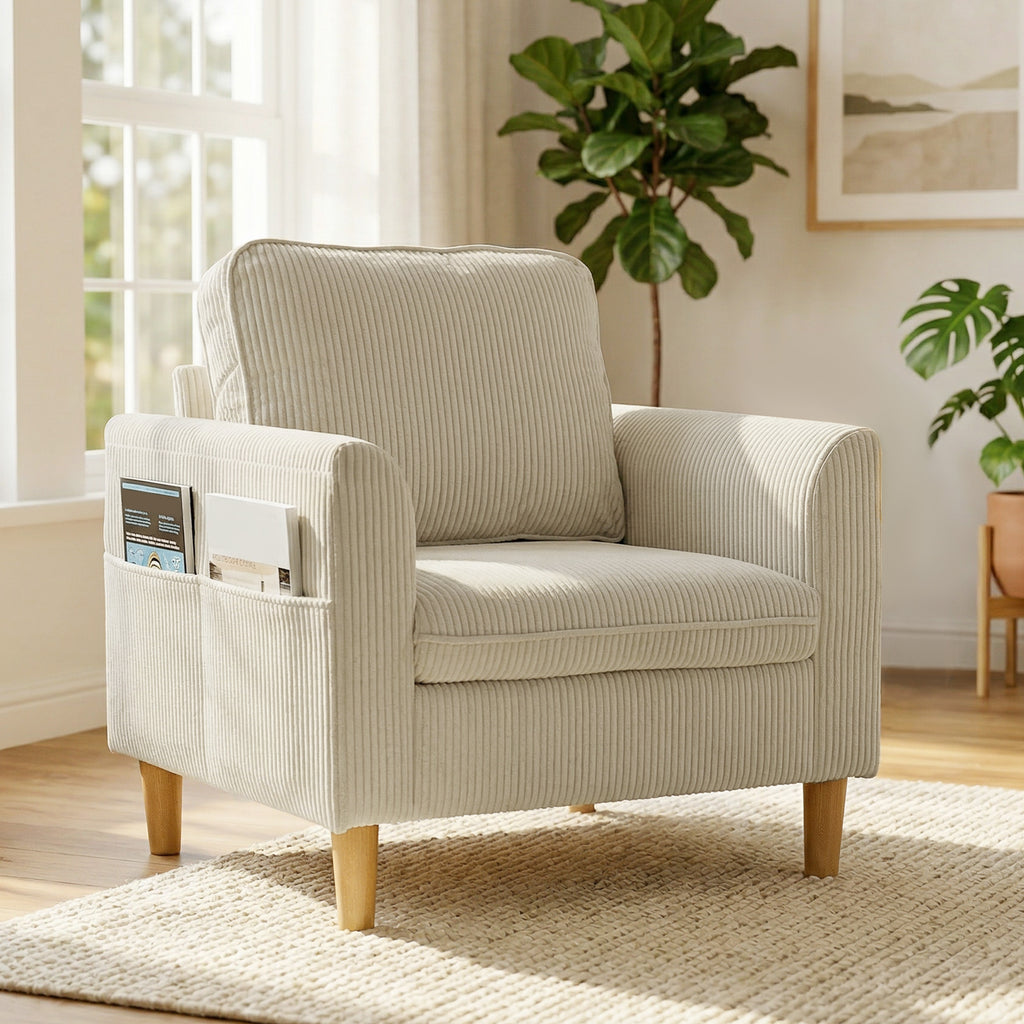 Fauteuil velours côtelé beige, 83 × 74 × 87 cm, vue 7 – Saint-Oréan