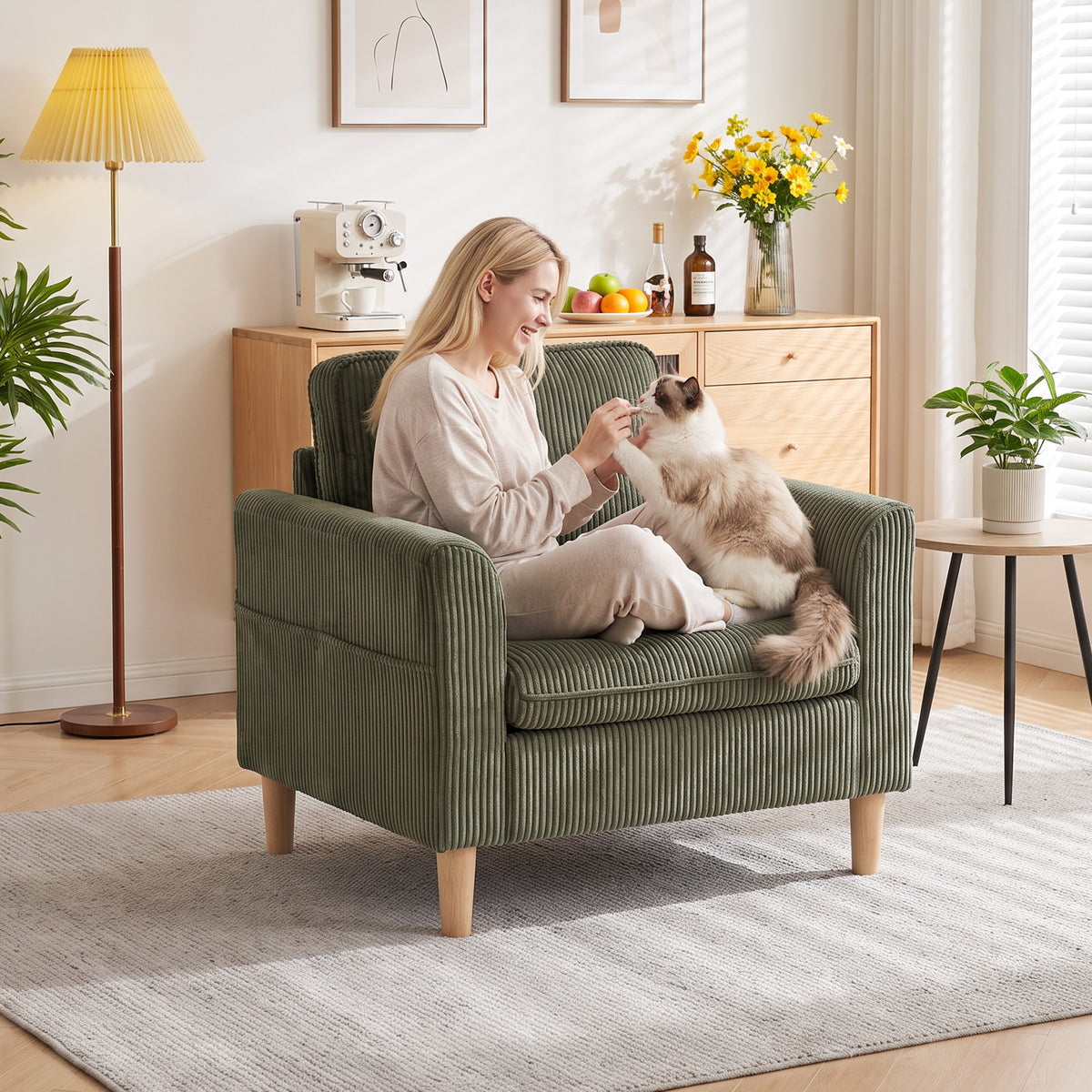 Fauteuil de salon en velours côtelé, canapé 1 place rembourré avec assise large et coussin à ressorts, 83x74x87cm, Vert-6