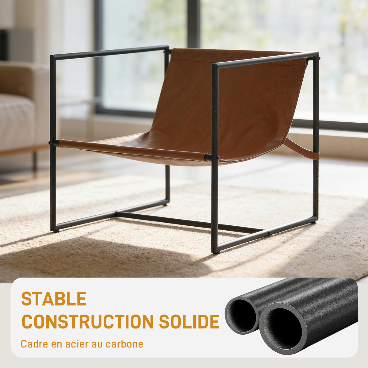Fauteuil bouclette gris clair, structure acier noir, détail 4