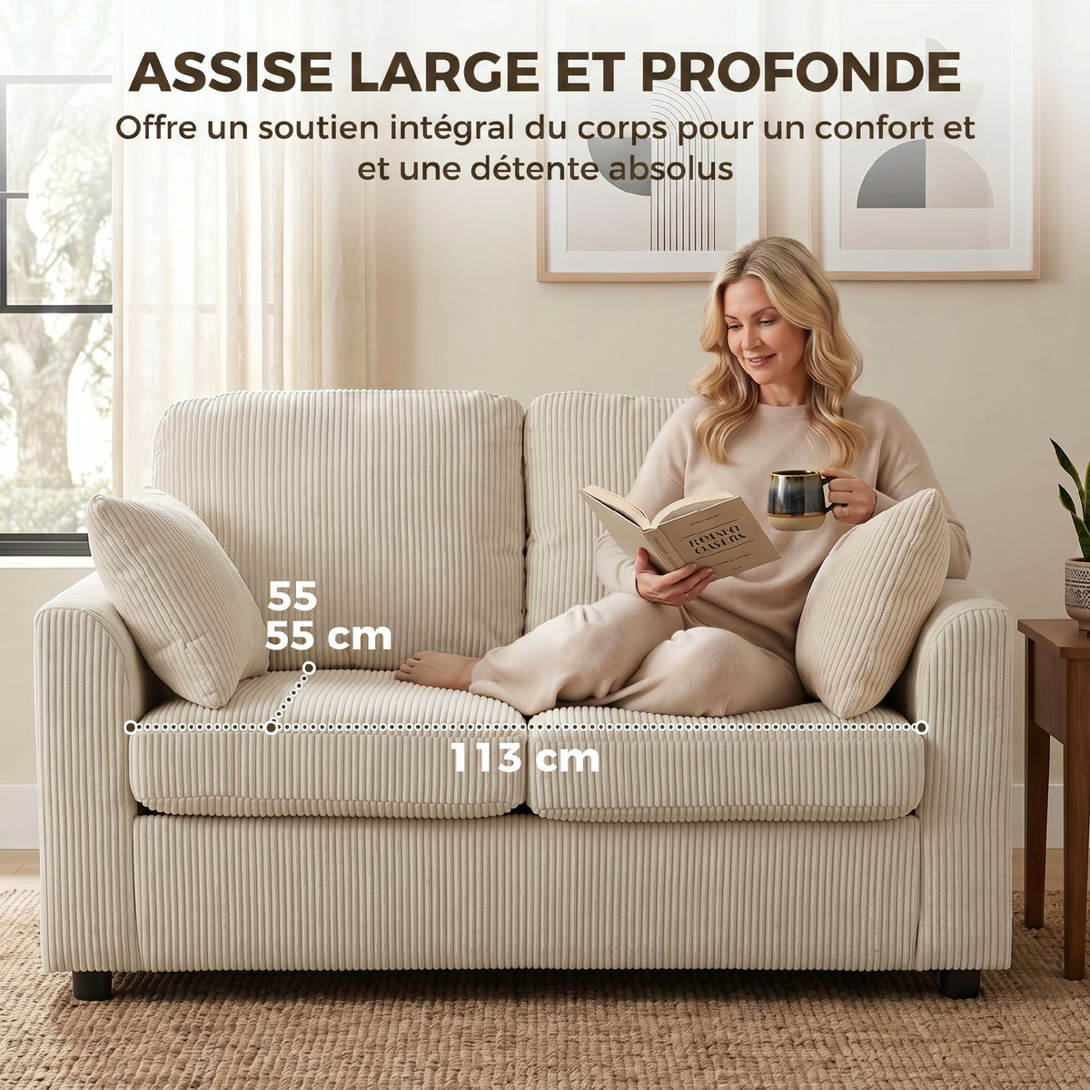 Canapé 2 places velours côtelé beige, 144 cm, détail 6